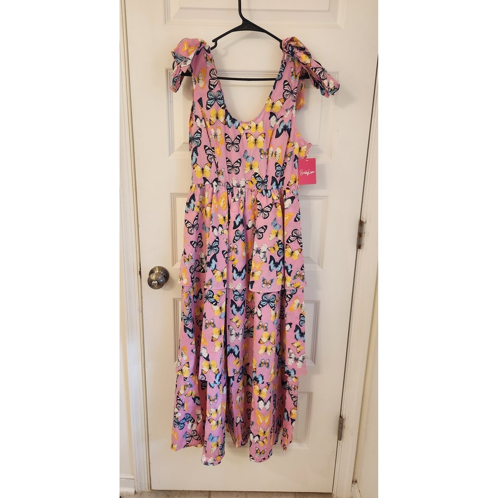 BuddyLove Pink Butterfly Print Smocked Tiered Maxi Dress Tie Shoulder Small NWT